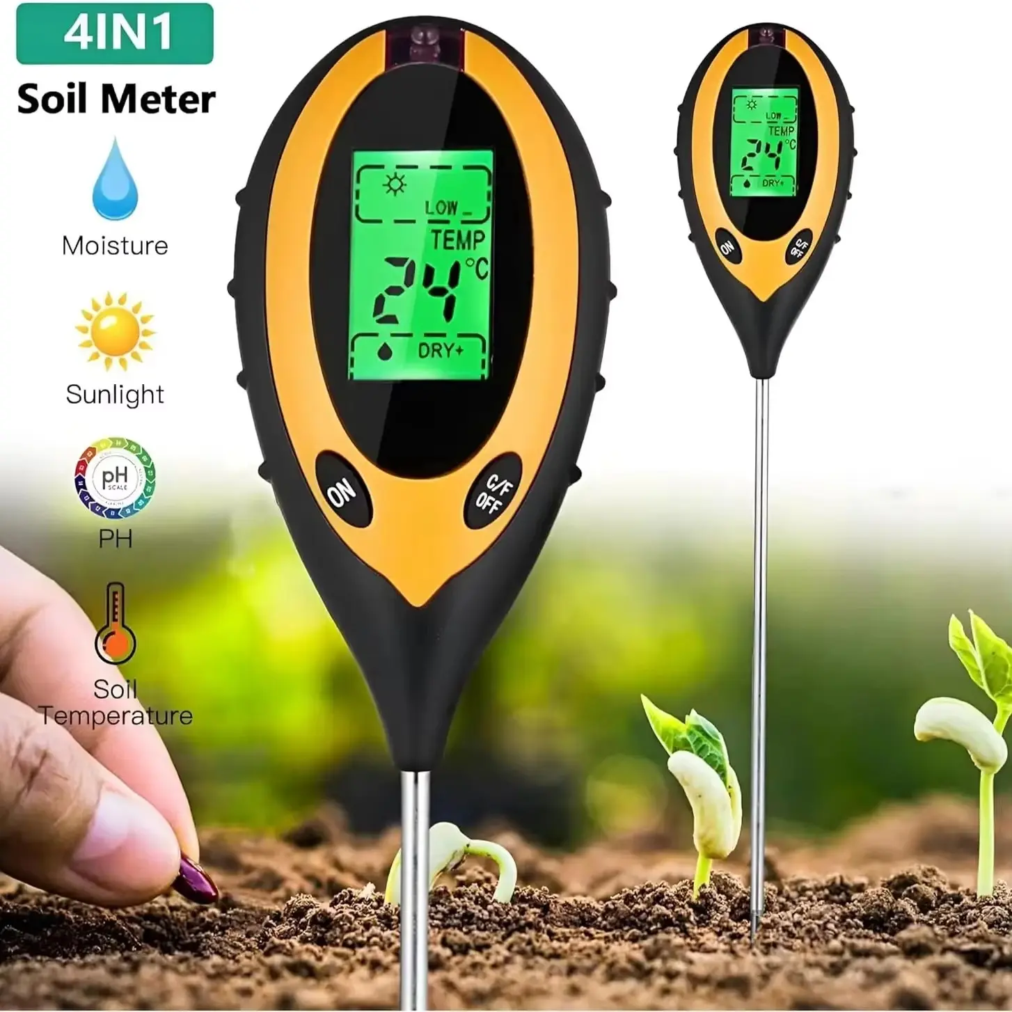 Soil PH Meter Tester Soil Tester PH Moisture Meter Temperature Sunlight Intensity Measurement Analysis Soil Acidity Test 4 in 1