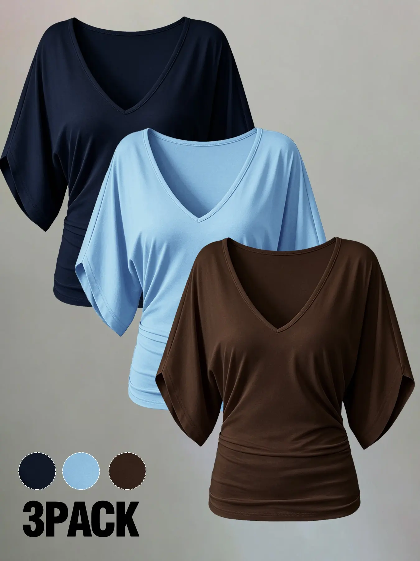 Women's 3-Pack Lightweight Ruffle Batwing Sleeve V-Neck T-Shirts, Summer Solid Color Tops, Elastic Waist, Casual Daily Wear, Multiple Colors Available