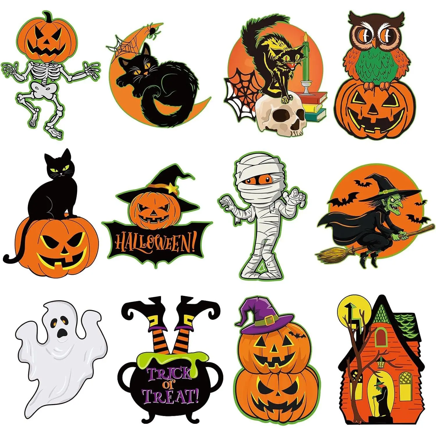 Large  Halloween Decorations Cardboard Cutout Set of 12, Retro Spooky  Cutouts Wall Decor Indoor Outdoor,  Orange Green Black Paper Cut Outs Party Decoration (Large, Halloween)