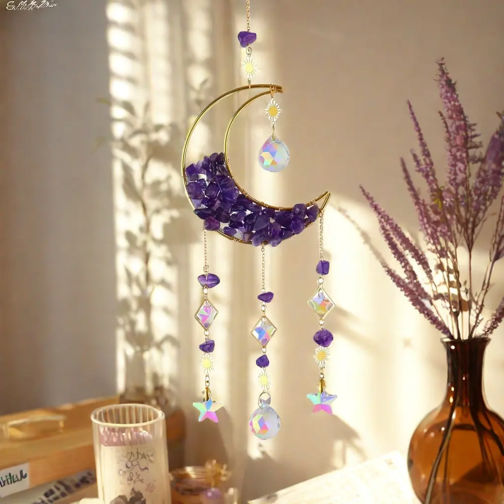 Artificial Crystal Sun Catcher, 1 Set Moon Decor Hanging Ornament, Creative Hanging Decor, Wall Ornaments, Fantasy Hanging Sun Catcher for Home Room Garden Window Wall Decoration, Interior Decoration, Gift, Home Decor Items