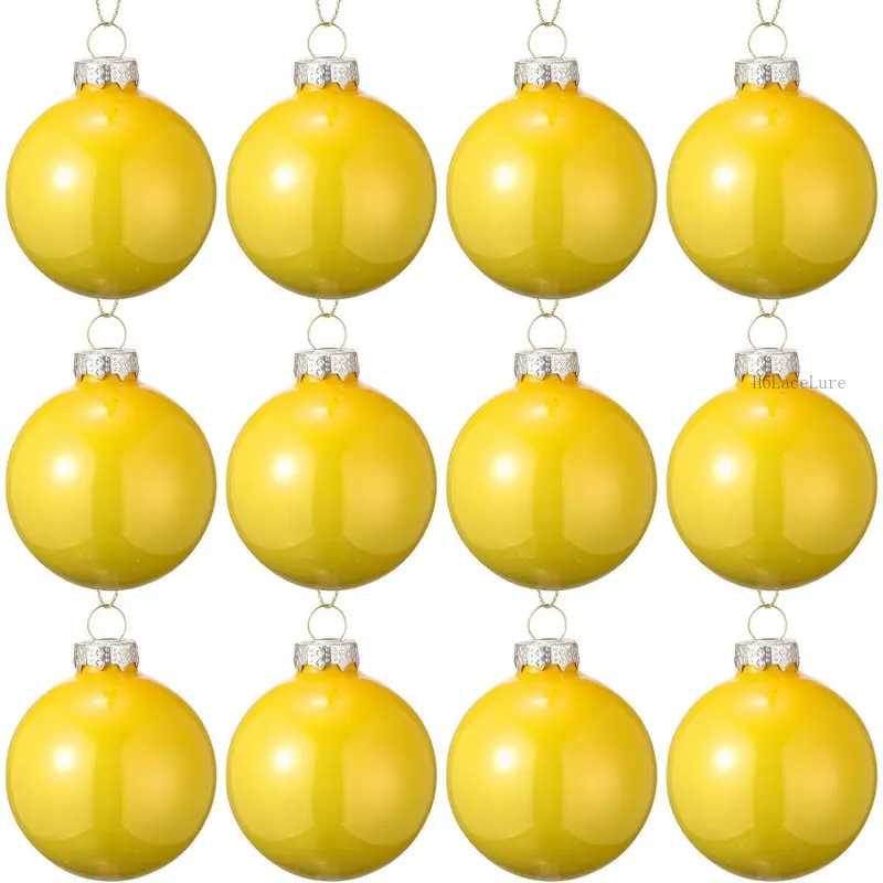 12 Pcs Yellow Glass Christmas Ball Ornaments 2.36" Shatterproof Xmas Christmas Tree Decorations with Hanging Loop and Rope Christmas Decorative Ball for Holiday Hanging Wreath Garland DecorationsH6LaceLure