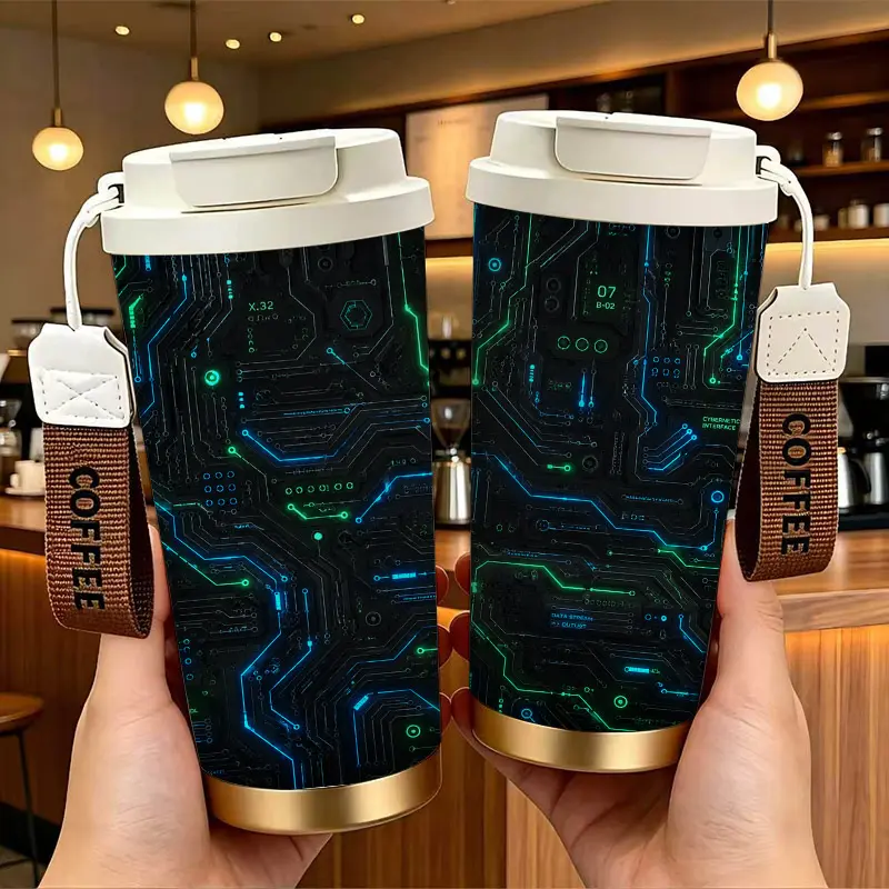 Futuristic Cyber Circuit Pattern Stainless Steel Insulated Coffee-Tea Tumbler, Double-Drink Design Vacuum Flask with Coffee Wrist Strap, Portable Reusable Insulation Mug for Iced Tea, Birthday Holiday Gifts, Flasks