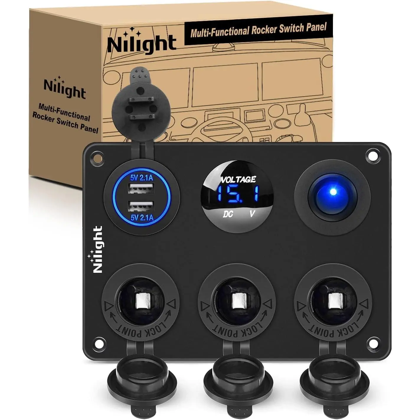 Nilight Aluminum 12V Dual Cigarette Lighter Socket with 12-24V Input, Charging Ports, Wire, Cover, Mounting Screws, DIY Install for Cars/RVs