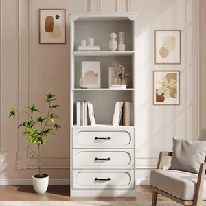 Tall Bookshelf with 3 Drawers and Adjustable Open Shelves - 3-Tier Wooden Bookcase for Home Office, Living Room, or Kitchen Pantry Storage - Floor Standing Cabinet, Dark Black
