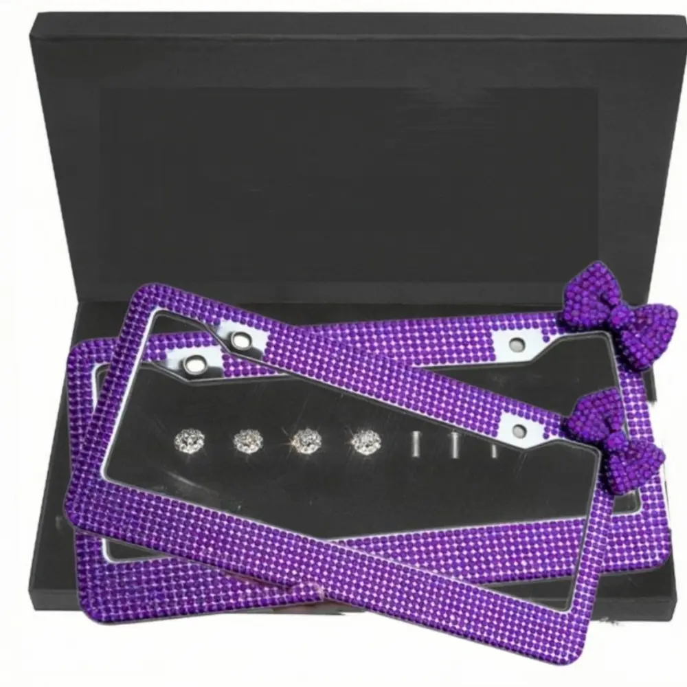Women's Bling Purple Hand-Set Acrylic Rhinestone License Plate Frame - 1-Piece Stainless Steel License Plate Cover With 3D Crystal Bow, Full Sparkly Hardware Kit (Complete Screws & Anti-Rust Caps), Universal US Standard Size For Car Decor