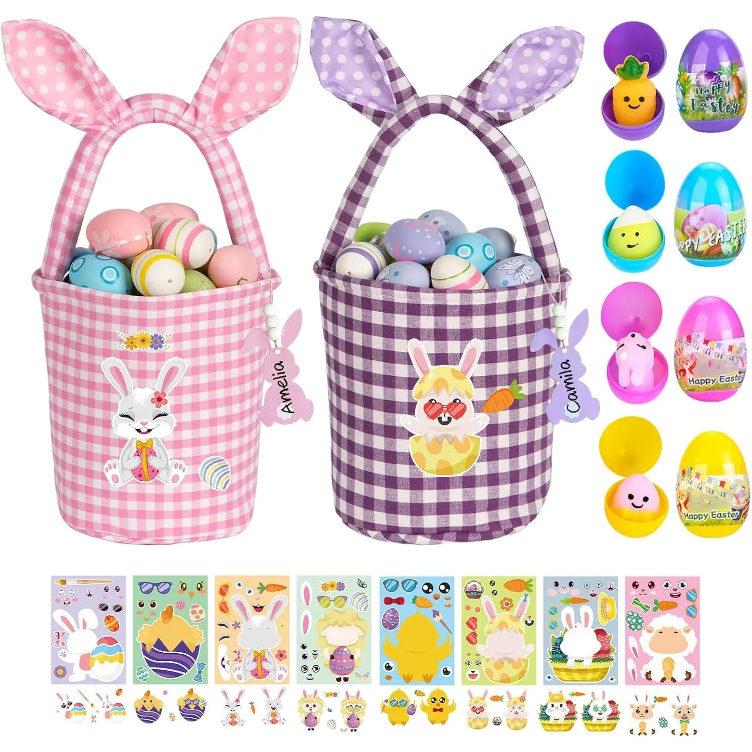 Durable Easter Bunny Basket Set (2-Pack/4-Pack, 2pcs-pink&purple Gingham/Polka Dots), Synthetic Material with Carry Handle, Name Tag, Egg, Sticker for Easter Party Gifts & Decorations, Soft Fabric