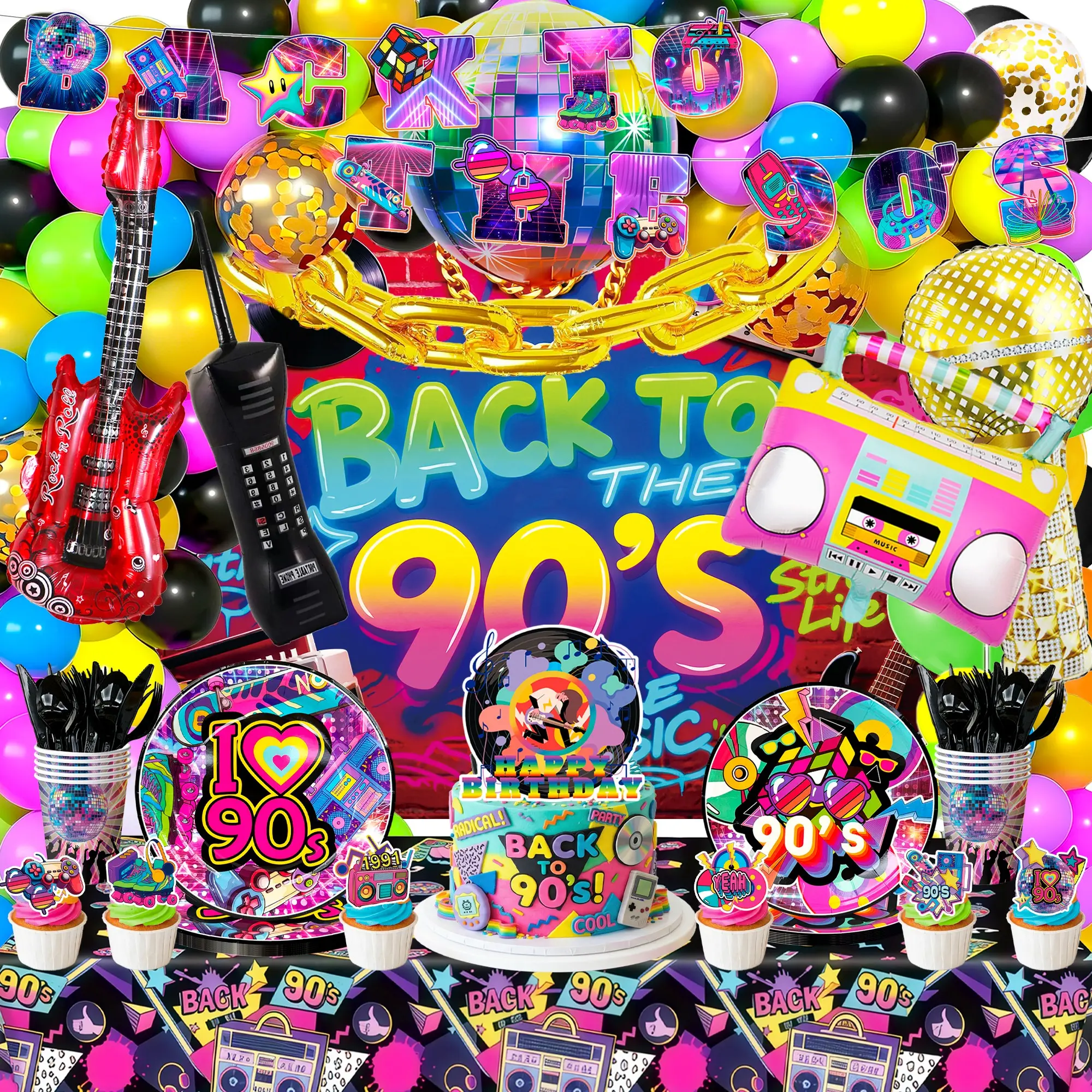 90s Theme Party Decoration Set, 128 Pieces, Retro Background Curtain, Balloons, Cake Decor, Plates, Tablecloth, Vintage Birthday Party Supplies, Decorations Supplies