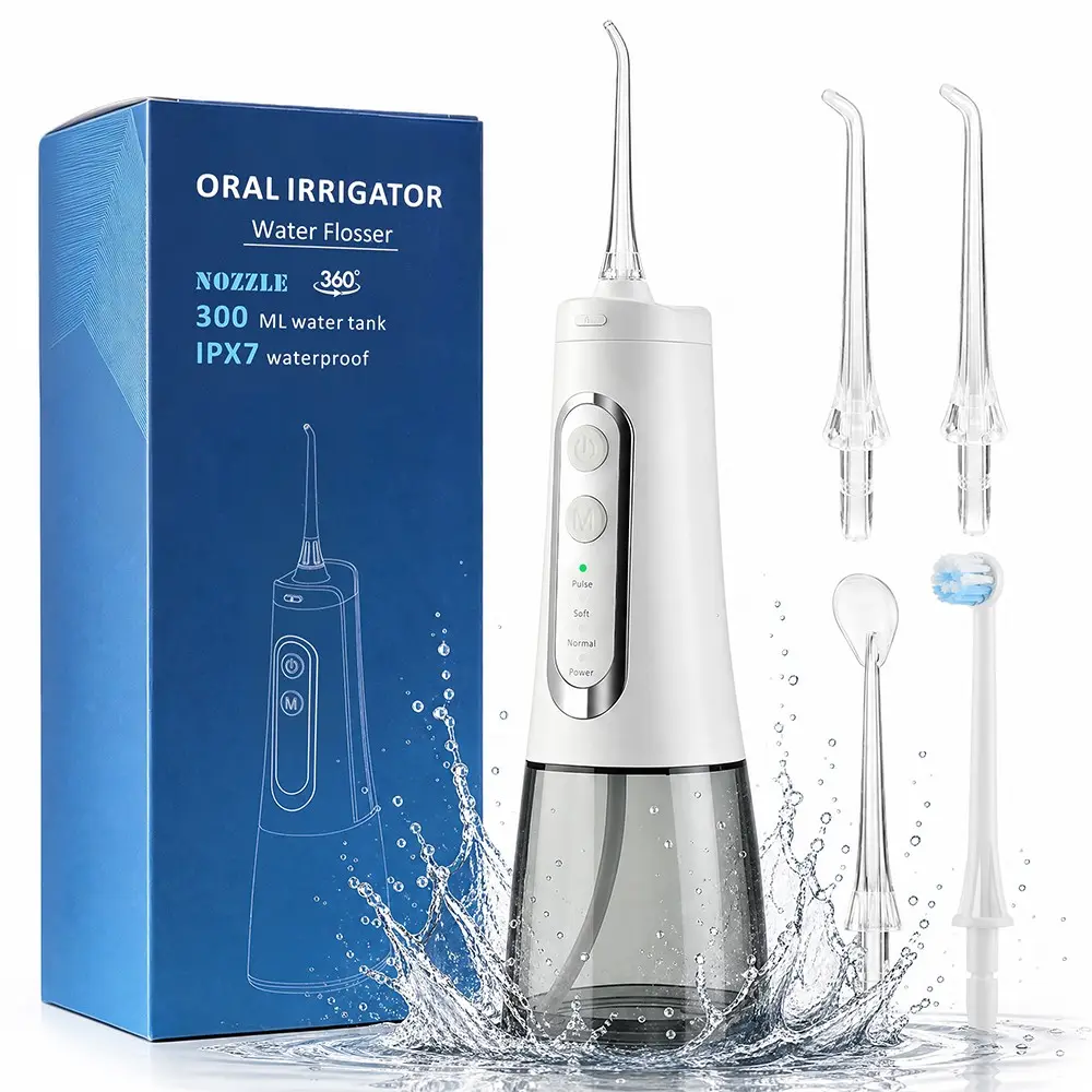 Cordless Pulse Water Flosser, High-Frequency Oral Irrigator 4 Cleaning Modes, Ipx7 Waterproof, Rotatable Nozzle, 300ML Tank, Oral Teeth Cleaning Device