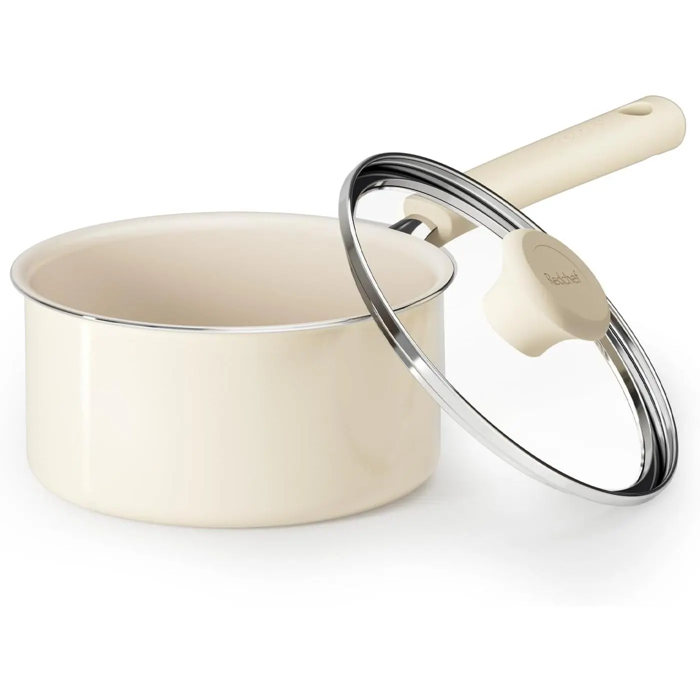 Ceramic Nonstick Saucepan with Lid, 1.5QT Small Cooking Pot, Non Toxic Sauce Pans for Kitchen, Cool Handle PFAS Free Compatible with All Cooktops, White