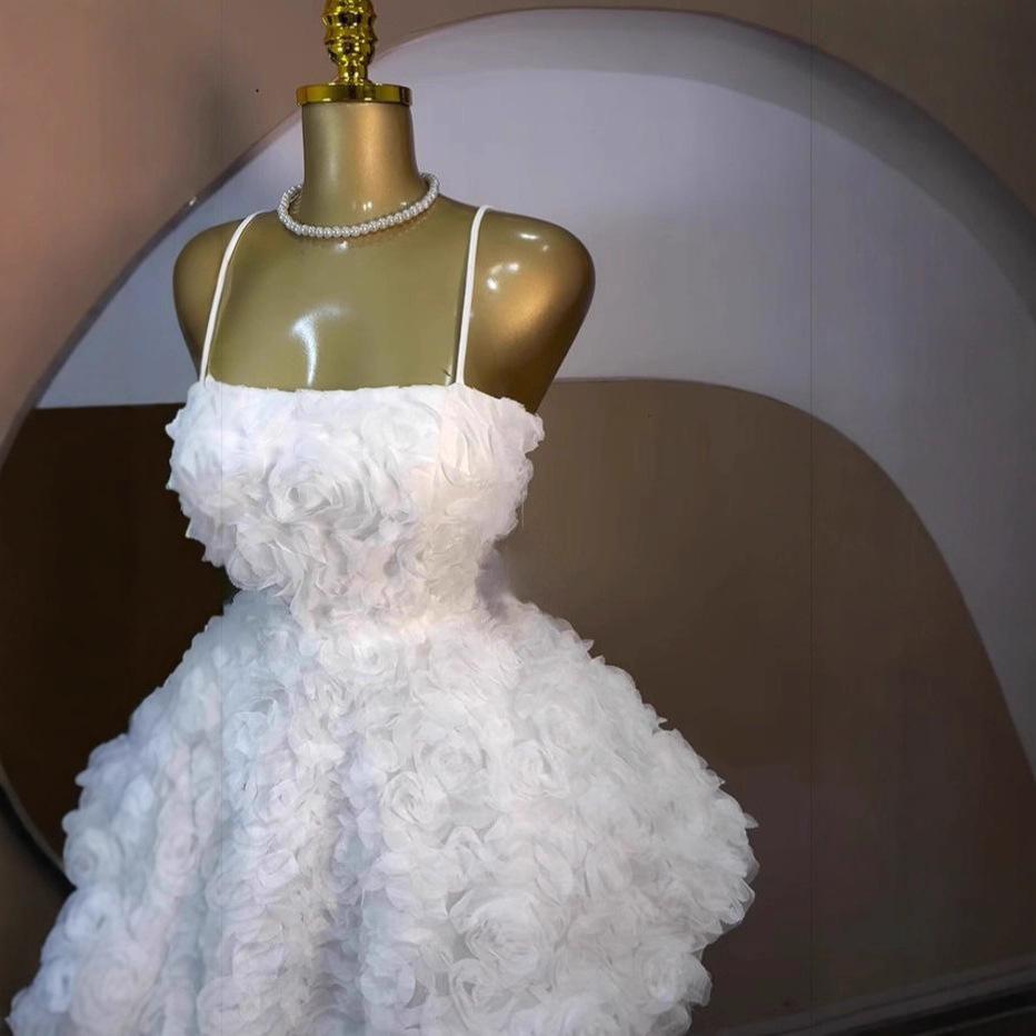 2026 Women's Sweet Strapless Rose Flower Bubble Short Dress Sleeveless Tube Top Waist-Cinching Dress