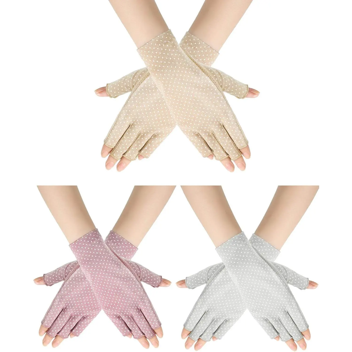 Sunblock Fingerless Gloves Non-slip UV Protection Driving Gloves Summer Outdoor Mittens for Women Girls(Purple, Light Beige, Light Gray,3 Pairs)