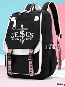 Cross + Jesus Letter Print Backpack, Vintage Street Style, Multi-Compartment, Adjustable Straps, Zip Closure, Nylon, Unisex, Ideal Gift