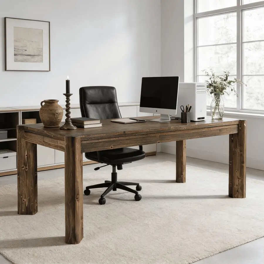 63" Solid Wood Executive Desk - Large Size Farmhouse Home Office Computer Desk, Vintage Brown Study Writing Table with Wood Legs, Commercial Business Workstation, 63 Inch Desk