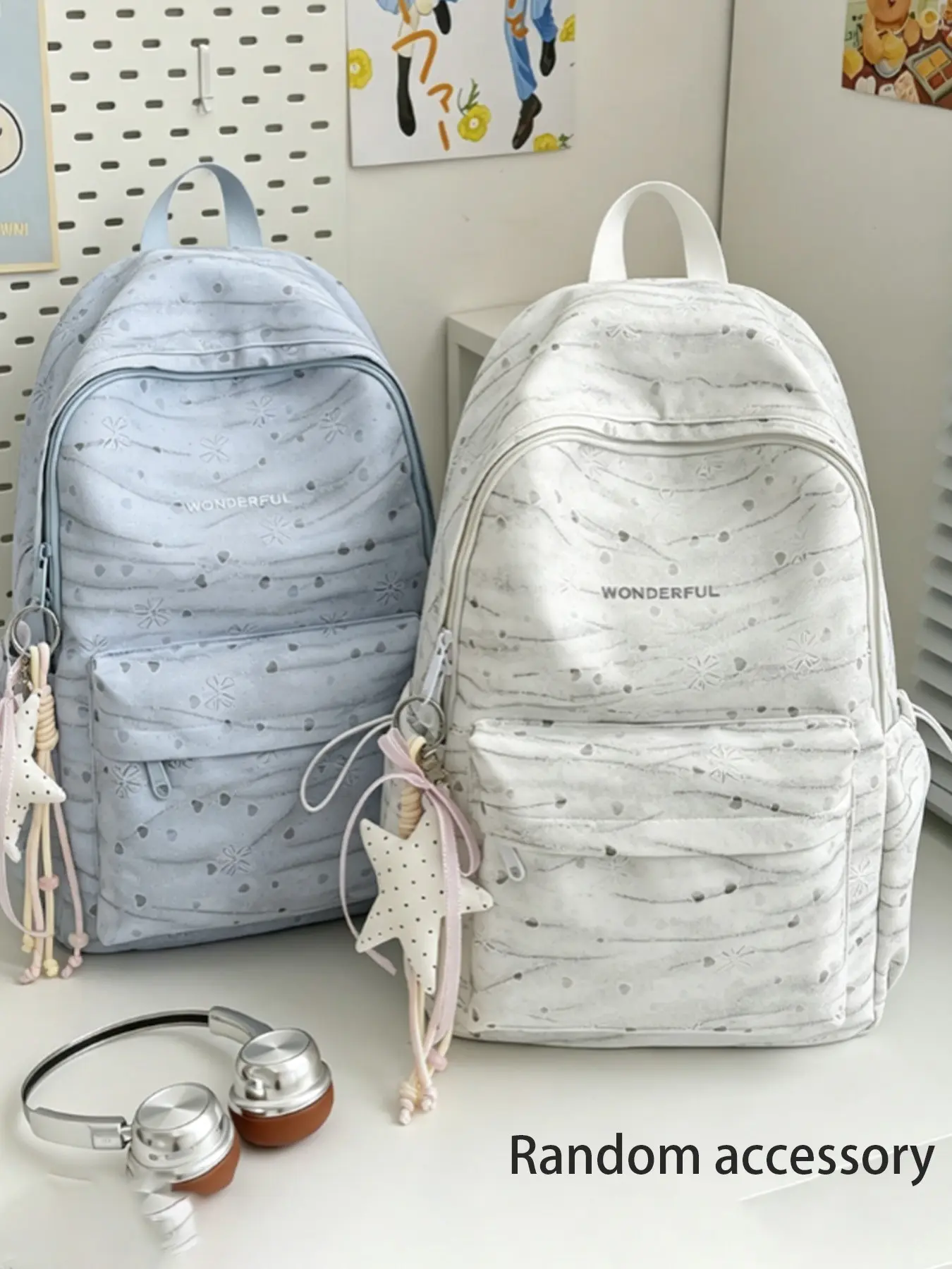 1pc Pale Blue All Over Mini Heart Floral Basic Backpack Cute Star Pendant Multi Compartment Wide Strap Daypack For Girls Campus Daily Casual Bag Cute Backpacks
