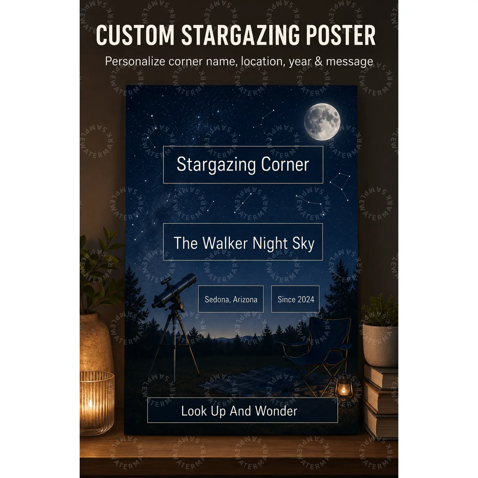 Custom Stargazing Poster, Personalized Night Sky Wall Art, Moon Telescope Constellation Decor, Dark Blue Astronomy Aesthetic Poster, Bedroom Living Room Office Decor Gift