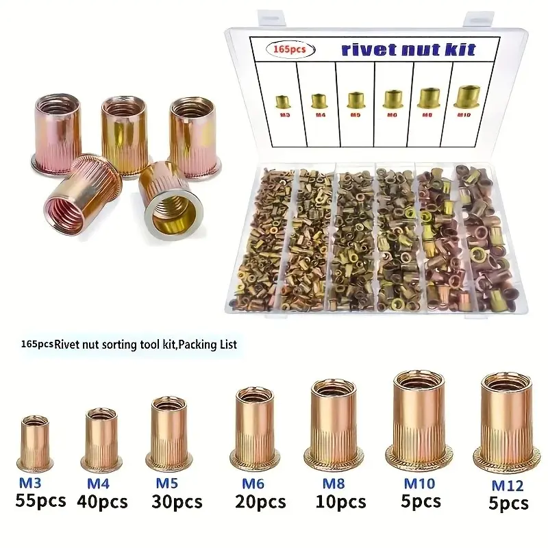 165-Piece Rivet Nut Kit - Carbon Steel Zinc Plated M3-M12 Slotted Flat Head Threaded Inserts, Full Thread Right-Hand，Heavy Duty Blind Rivet Nuts Set for Automotive Repair, Furniture Assembly & Industrial Fastening Projects。