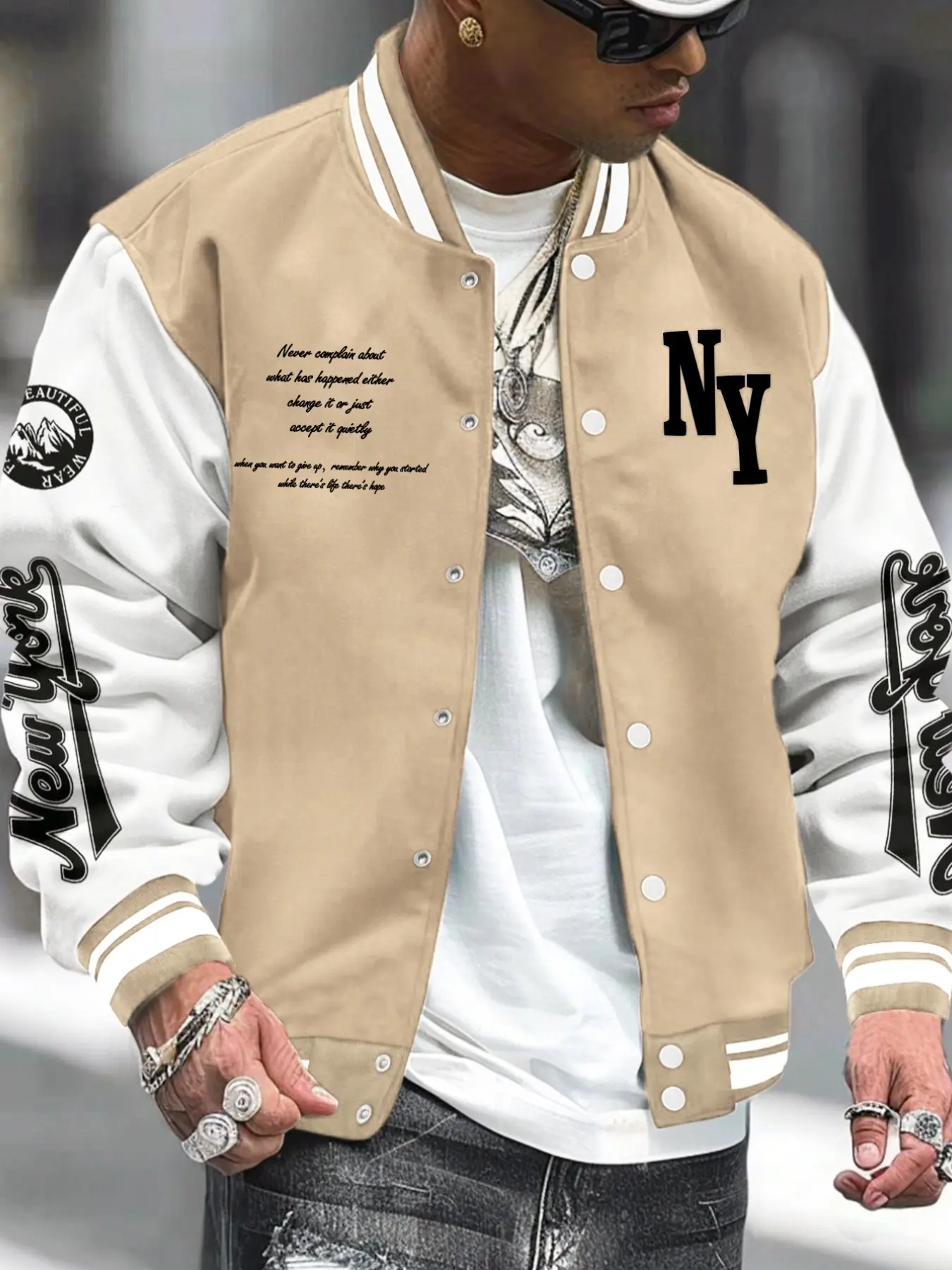 Men's NY Print Colorblock School Uniform Jacket, Long Sleeve Snap Baseball Coat, Vintage Street Casual Pilot Jacket, Fall Winter Daily Wear