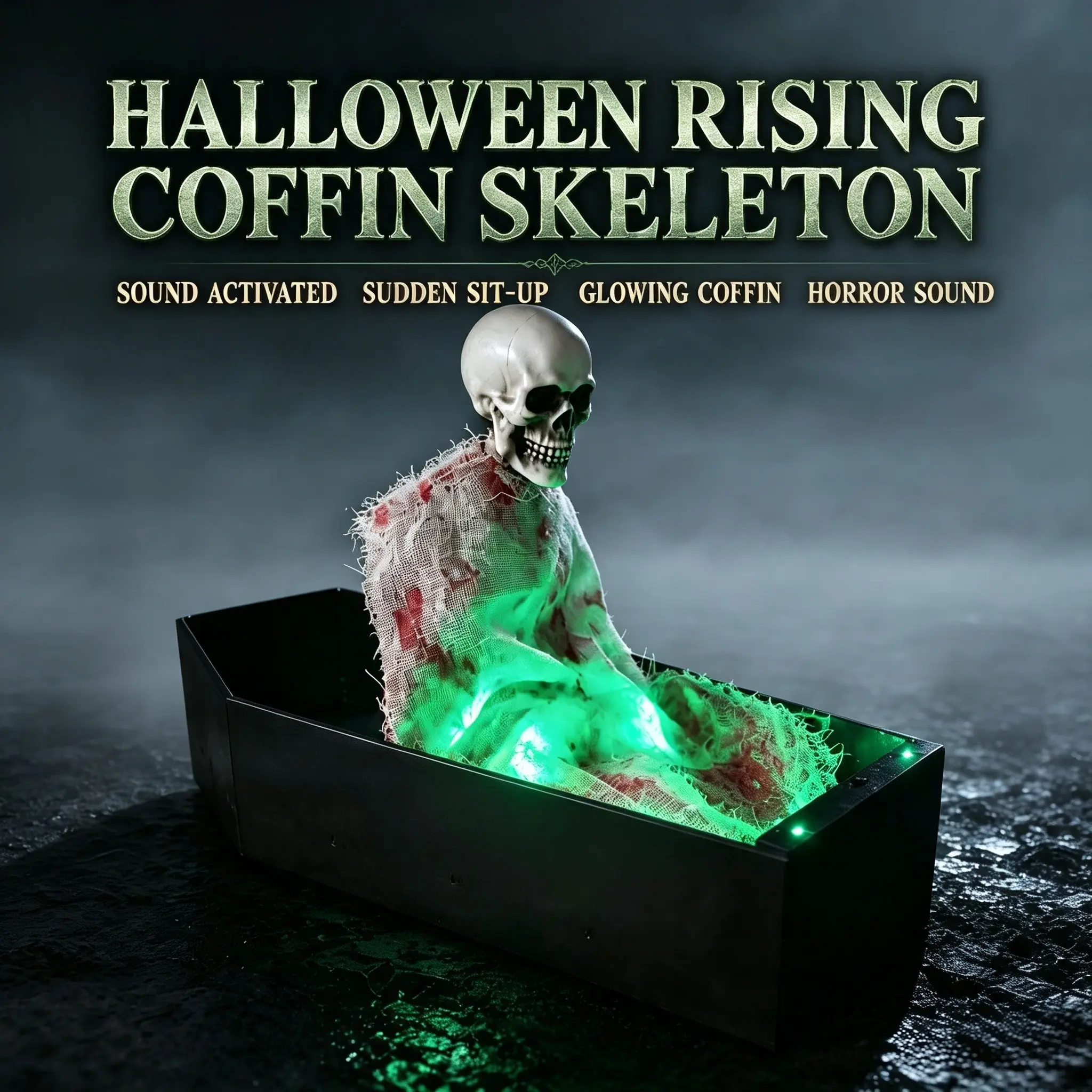Halloween Coffin Skeleton Decoration, Voice-Activated Animatronic Prop with Glowing Lights & Realistic Spooky Sounds, Movable Skeleton for Yard, Graveyard, Haunted House, Outdoor Halloween Decor, Party Decoration