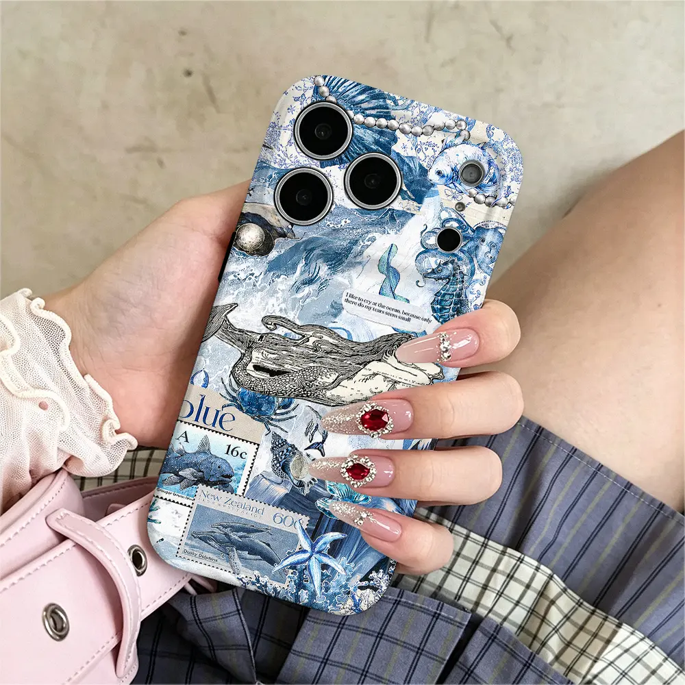 Blue Ocean Mermaid Seahorse Shell Phone Case - Vintage Collage Marine Style, Shockproof Protection Accessories for iPhone Series (17 Pro Max,17 Air,17 Pro,16,15,14,13,12,11 Pro Max), Fits iOS, Deep Sea Creatures Aesthetic Unique Birthday Gift, Marine Coll