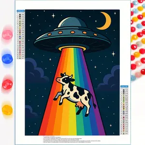 Latest Design: A 5D DIY Full-Drill Round Diamond Painting, Rainbow Beam UFO Abducting a Cow - Suitable for Beginners and Craft Lovers, for Living Room, Bedroom, and Other Space Decoration. The Best Craft Gift for Friends and Family on Thanksgiving