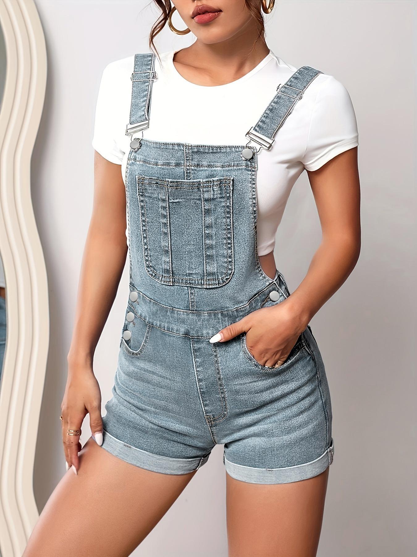 Women's Solid Color Button Fly Denim Overalls, Casual Chic Comfy Skinny Overalls for Daily Wear, Ladies Clothes for Summer