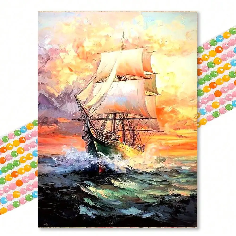 1pc 30×40cm Sailing Ship Round Diamond Painting, Impasto Oil Painting Style, DIY Sticker Craft, Stress Relief Home Decor, Suitable for Beginners Bedroom Decoration