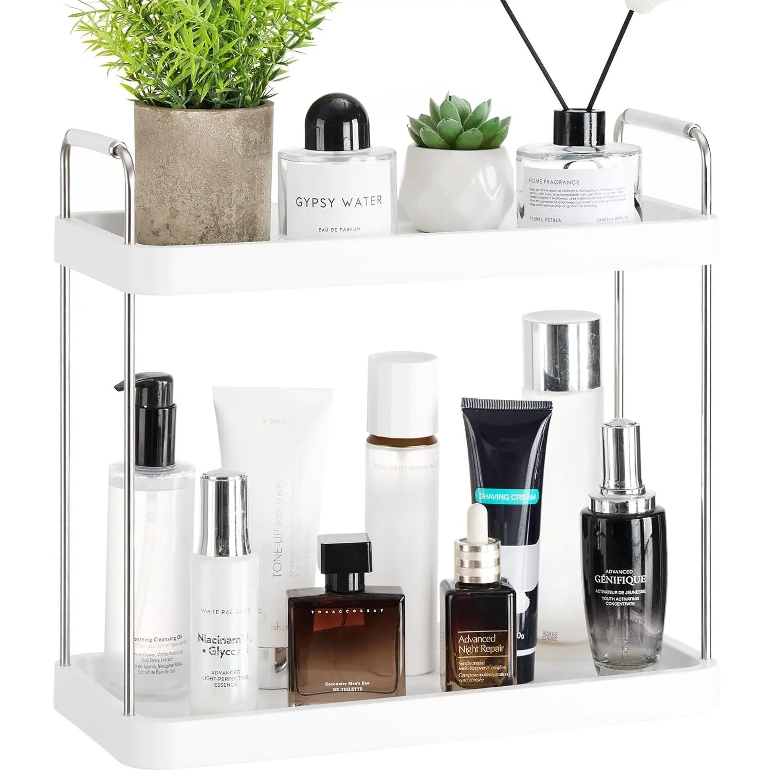 2-Tier Bathroom Countertop Organizer, Vanity Dresser Counter Tray Shelf for Skincare, Perfume, Makeup, Silver