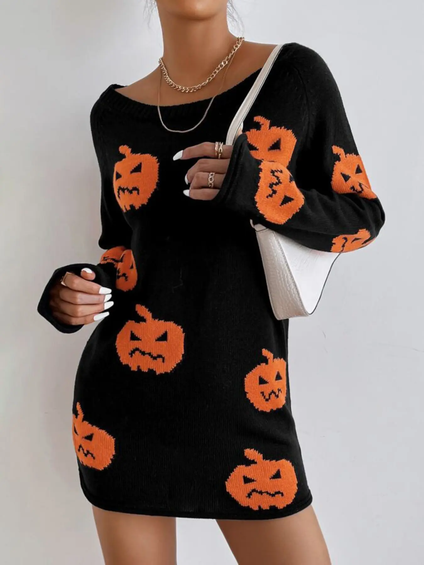 Women's Halloween Pumpkin Pattern Dress, Casual Fitted Solid Color Unlined Dress, Perfect for Festive, Batch Number Qx0738216c