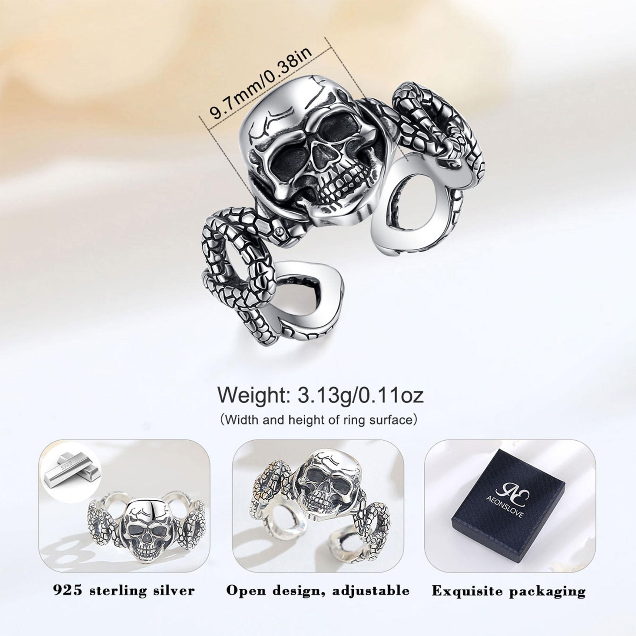 Eudora 925 Sterling Silver Skull Serpent Ring Adjustable Open Band Vintage Oxidized Snake Skeleton Gothic Punk Statement Jewelry for Men Women