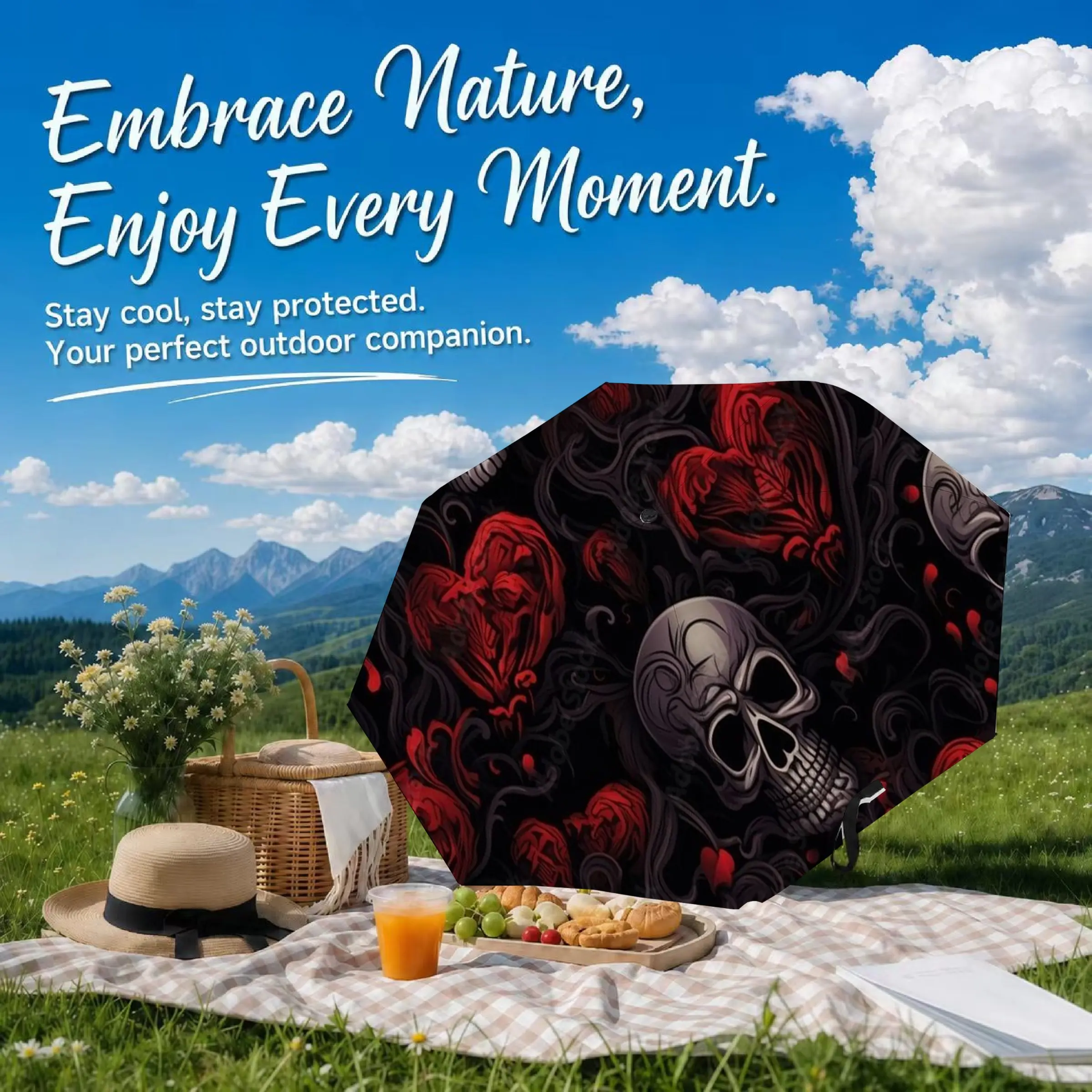 Dark illustration sun umbrella with black coating. Fully automatic folding and portable. Blood-colored angel, red rose skull, red flame black wolf. Unique high appearance level umbrella for all weather conditions