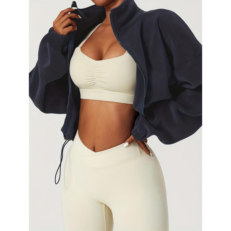 Women's Warm Fleece Crop Jacket With Zipper And Drawstring - Perfect For Casual Sports And Outdoor Activities