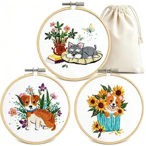 Embroidery Kit for Beginners Adults, 3 Pack Embroidery Starter Kit with , Hoop, Threads,  Case, Video Tutorial DIY Sewing Craft Kit  for Women  Decor ()