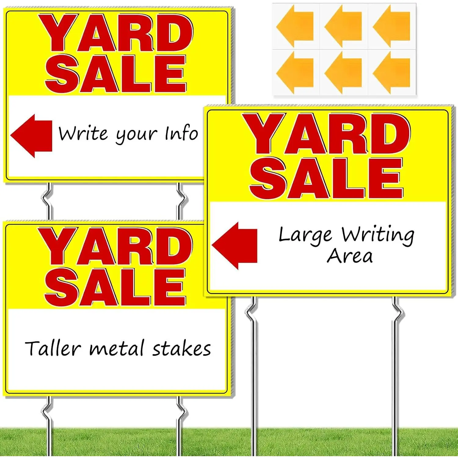Yard  Signs with Stakes, 3 Pack 17 x 13 Inch Double Sided Weatherproof Corrugated Plastic Garage  Signs with Directional  Stickers for Outdoor Lawn Yard Estate Events, Yellow