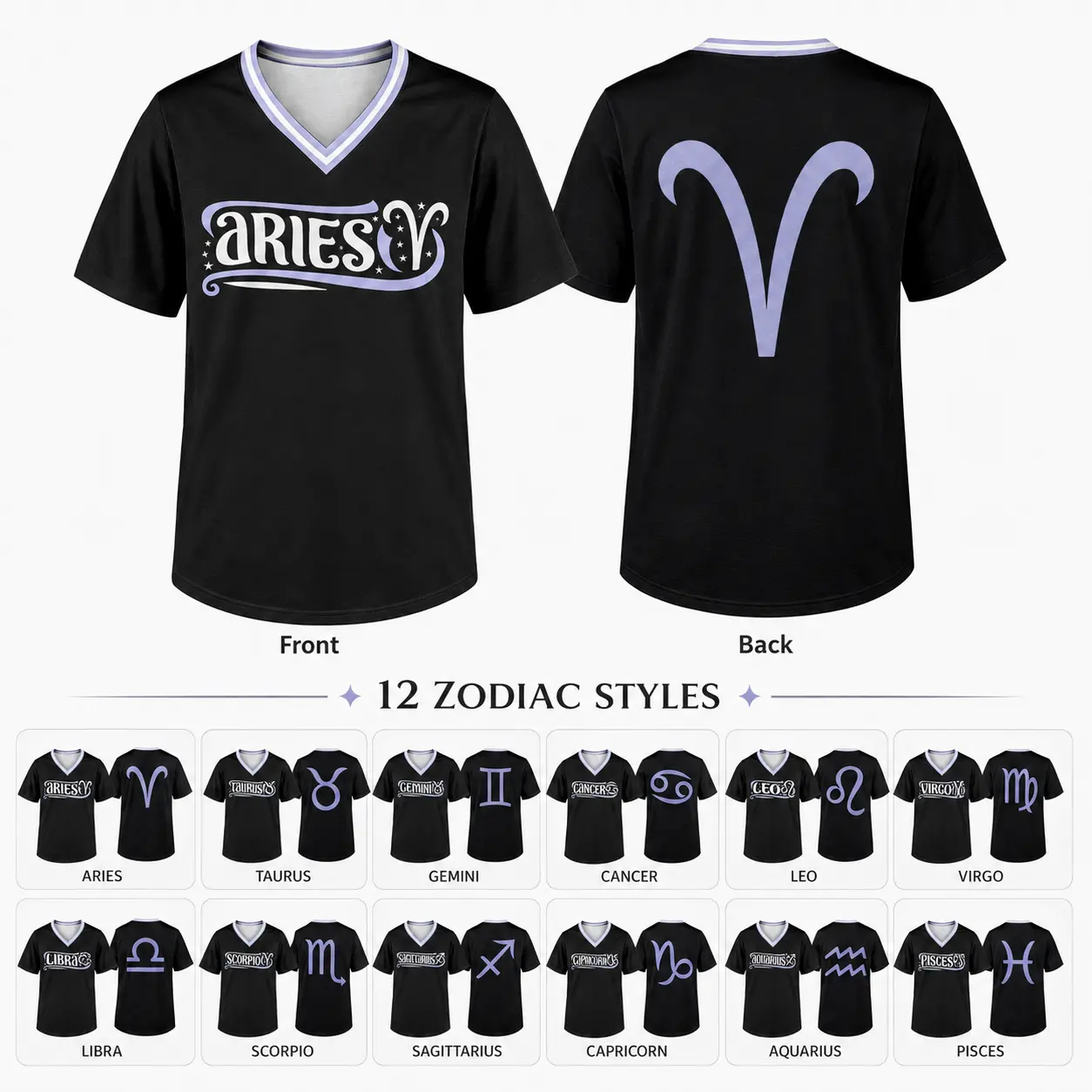 Zodiac V Neck Graphic Tee, Black Short Sleeve Astrology Shirt for Women Men, Front Back Symbol Print Casual Summer Top, Horoscope Birthday Gift,clothes，outfits，men's wear，men fashion，summer men clothes，fashion men clothes tiktokshopbacktoschool