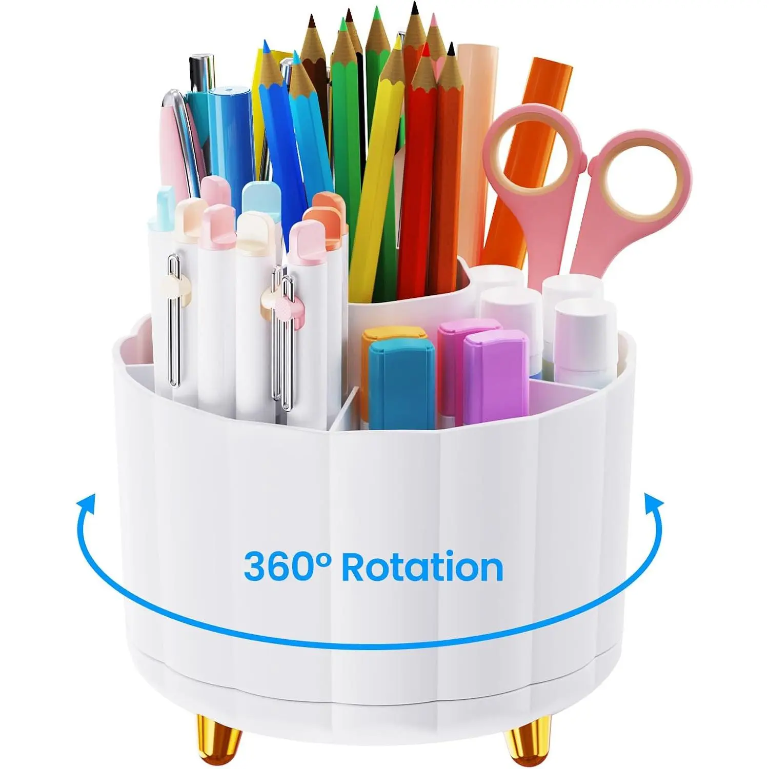 360 Rotating Pencil Pen Holder for Desk, White Pen Organizer with 6 Slots, Cute Office Supplies, Desk Accessories for Office, School,