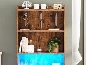 Sikaic LED Tall Nightstand with Bookshelf Brown Multifunctional Console Table Modern Corner Vanity Modern Furniture