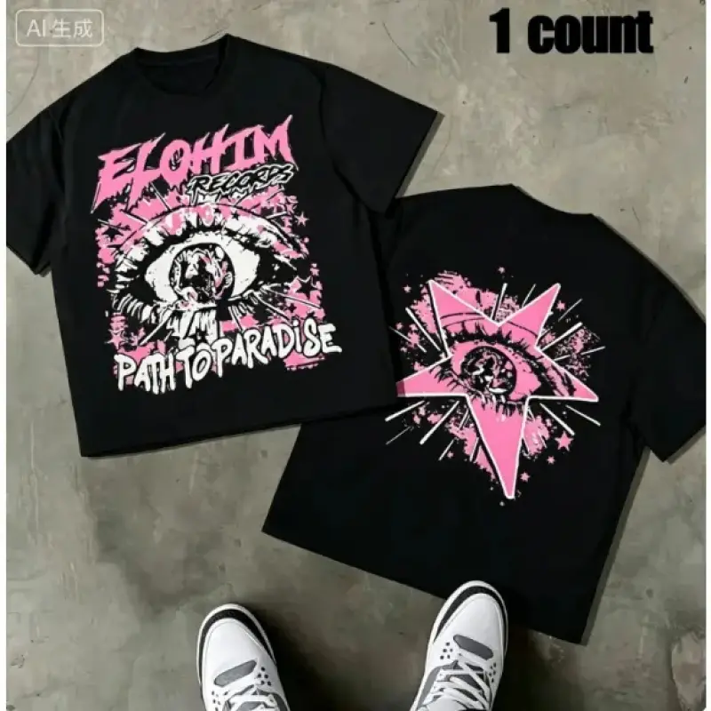 Pink Gothic Punk Mystic Alternative Streetwear Cas,100% Cotton Graphic Tee, Unisex Crew Neck Short Sleeve Shirt, Soft Comfortable Casual Streetwear, Breathable Summer Everyday Wear, Trendy Graphic Top