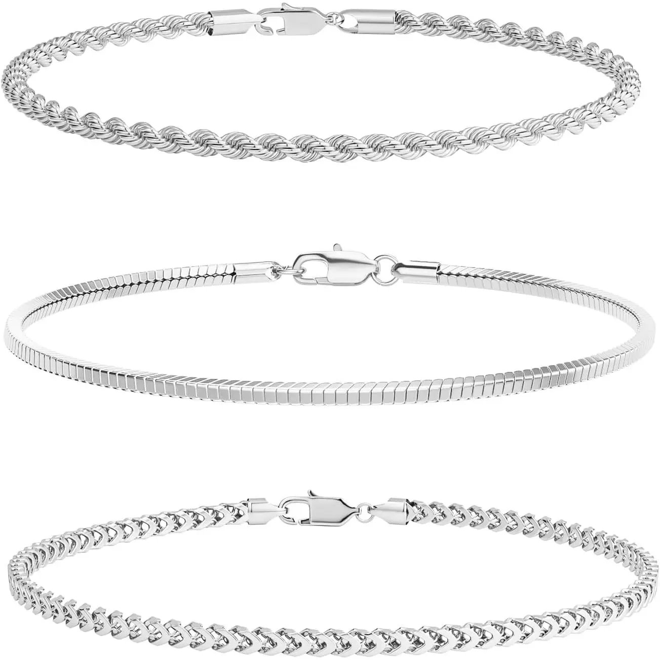 3 count Stackable Braclet for Men, Dainty  Plated Chain Bracelet for Men Non Tanish Simple Cuban Snake Rope Link Chain Bracelet Set for Mens  6.5/7/7.5/8/8.5/9 Inches