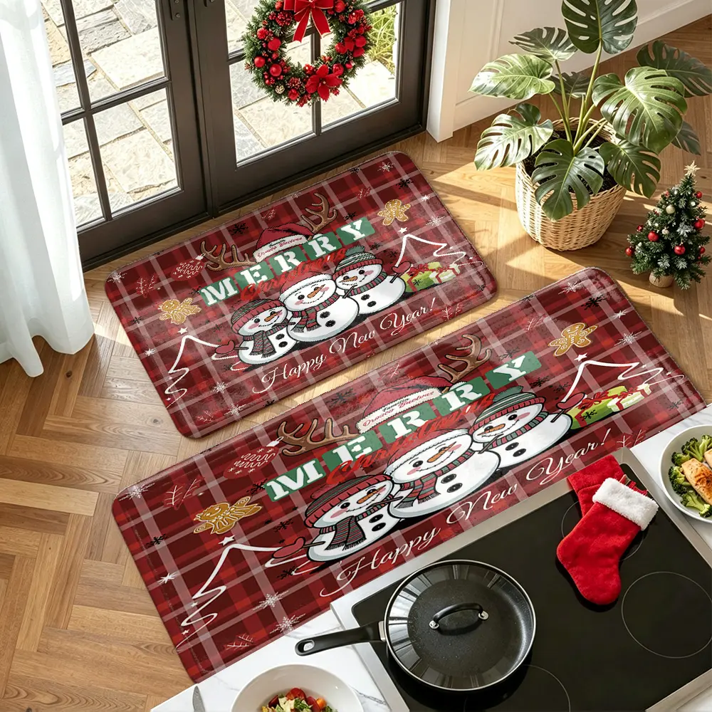 2pcs Snowman Plaid Pattern Kitchen Floor Mat Set, Machine Washable Non‑Slip Rug for Kitchen & Home Christmas Decor