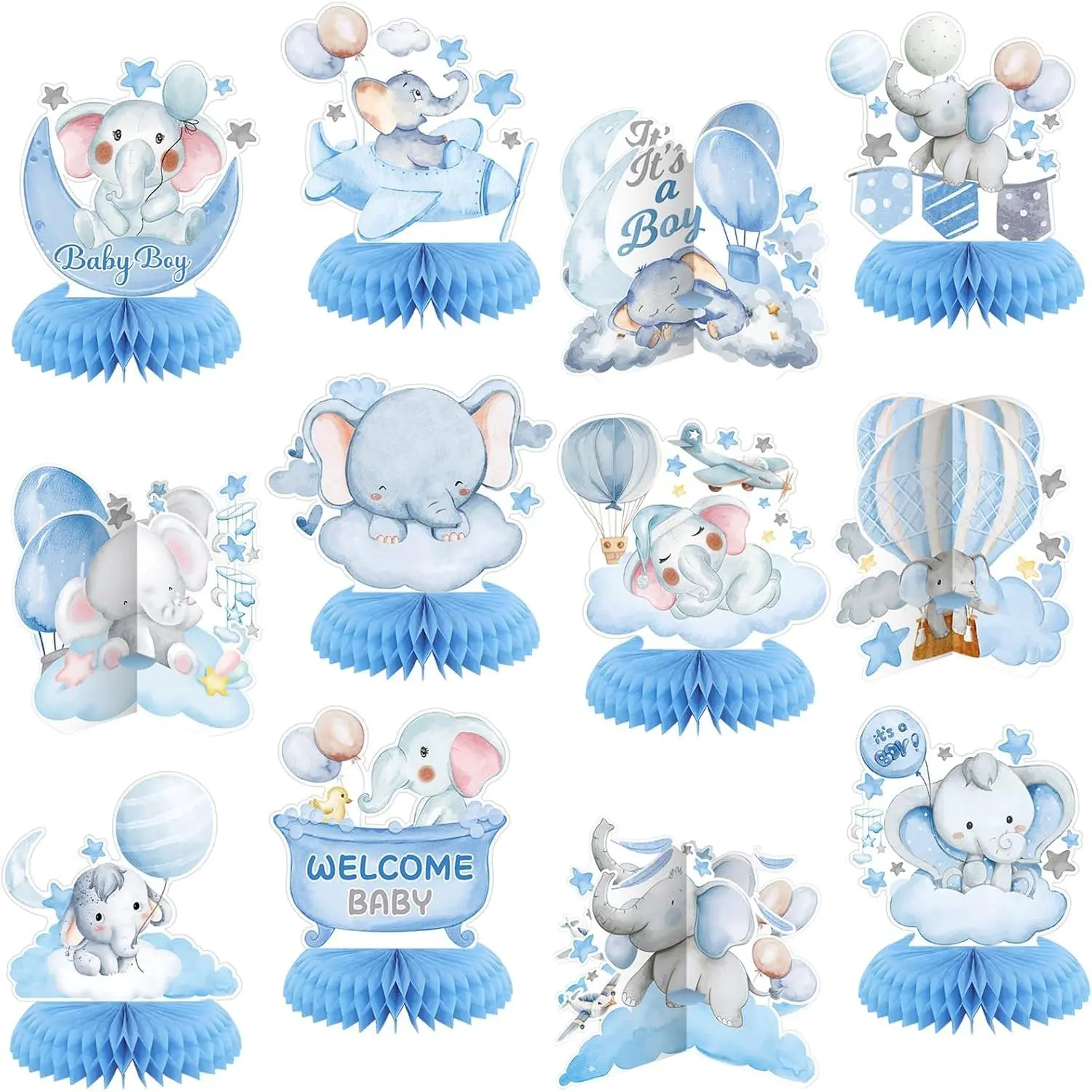 12-Piece Honeycomb Tabletop Decorations Set - Balloons, Star, Moon, Elephant Table Toppers for Gender Reveal, Baby Shower, Birthday Party Supplies