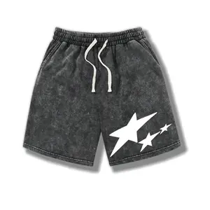Men’s summer athletic shorts with star print, washed distressed cotton fabric; casual loose fit with a drawstring waist and pockets; retro street style from the 2000s. Suitable for running, golf, fishing, basketball, camping, gym, swimming, and beach.