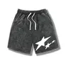Men’s summer athletic shorts with star print, washed distressed cotton fabric; casual loose fit with a drawstring waist and pockets; retro street style from the 2000s. Suitable for running, golf, fishing, basketball, camping, gym, swimming, and beach.