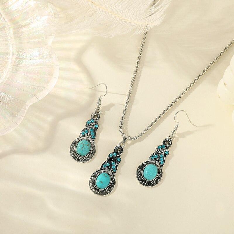 3pcs Necklace Earrings Set For Men And Women Vintage Style Blue Crystal Inlaid Turquoise Pendant With Lantern Chain Jewelry