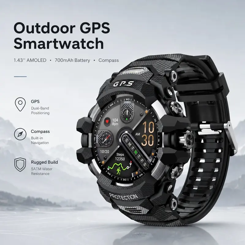 Rugged Outdoor Smartwatch for Men, 1.43" AMOLED GPS Sports Tracking Smartwatch, 700mAh Long Battery, Compass Altitude Barometer, Heart Rate Blood Oxygen Fitness Tracker, 3ATM, Android iOS