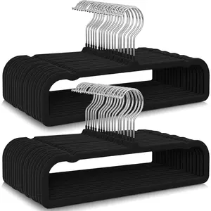 50 Pack Black Velvet Hangers Non Slip, Felt Pants Hangers Thin Space Saving Clothes Hanger Flocked Strong Durable Ganchos para Colgar Ropa with 360°Swivel Hook for Pants Jeans Shorts Skirts Tank Top