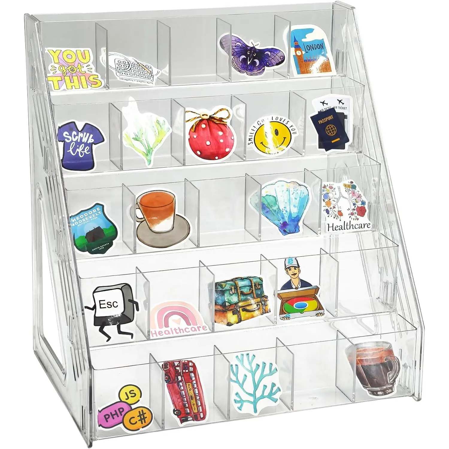 Sticker Display Stand for Vendors, 5 Tiers 25 Pockets Sticker Holder Display, Sticker Organizer Shelf for Craft Fairs, Vendors, Small Business Booth & Desktop