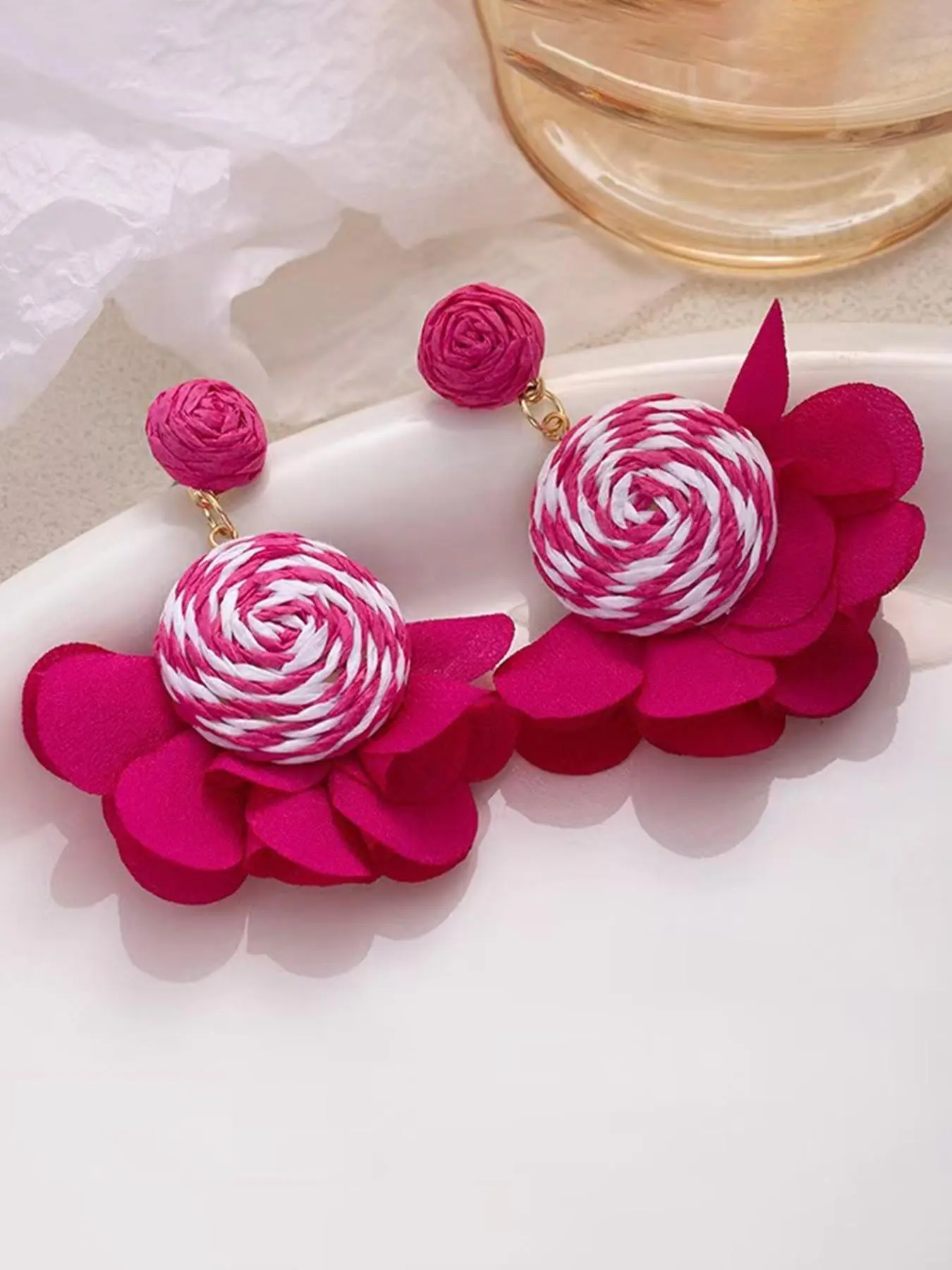 Bohemian Summer Earrings, Large Flower Lattice Dangle Earrings, Colorful Braided Pendant Ear Jewelry, All-Season Boho Style Accessories, Trendy Jewelry