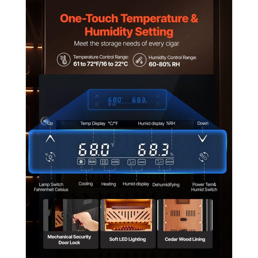 VEVOR Electric Humidor, 105L, 1000 Counts Electric Cigar Humidor Cabinet with Compressor Cooling, Constant Humidity Temperature Control, Spanish Cedar Wood Shelves Drawers, 4 Layers, for Household