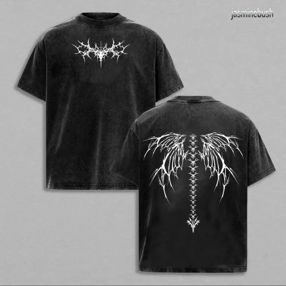 Men's Vintage Acid Washed Black Oversized T-Shirt, Double Sided Thorn Angel Wing Dark Gothic Graphic Tee, Y2K Grunge Retro Streetwear Crewneck Top For Guys, Ideal For Daily Urban Outfits & Halloween Dark Aesthetic Holiday Look birthday gift