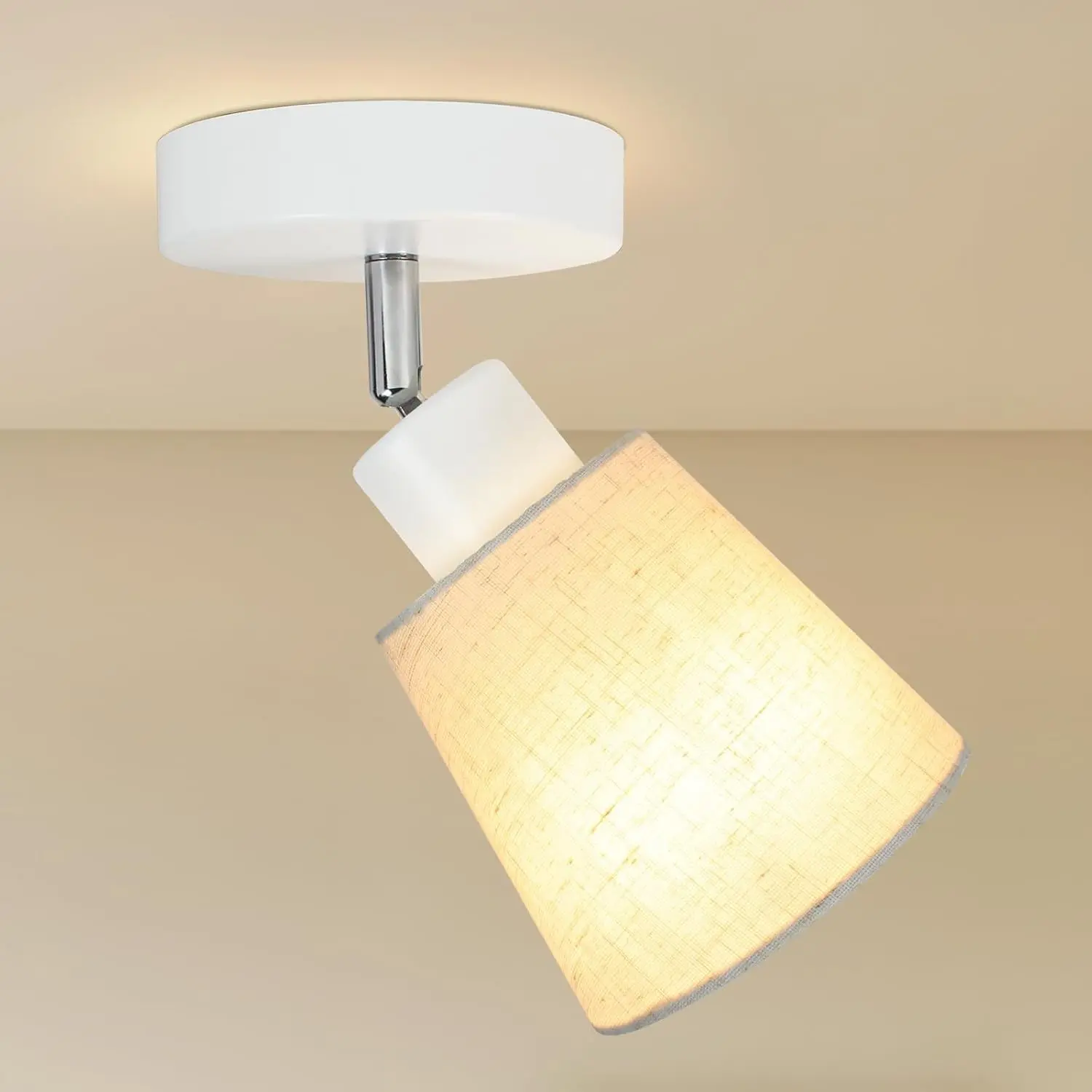 1-Light Farmhouse Modern White Directional Flush Mount Track Light Fixture, Linen Shade, E26 Base (Bulbs Not Included) for Bedside, Studio Art Display